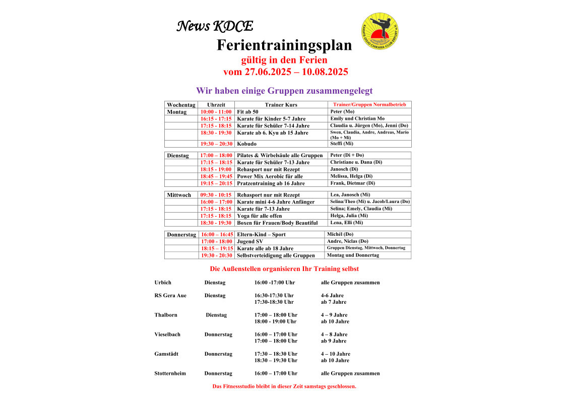 Ferientrainingsplan für 28.06.25 - 08.08.25